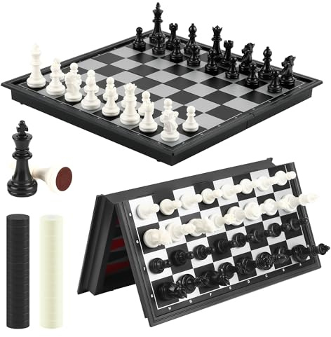 Magnetisch Schachspiel, 3-in-1 Spieleset, Tragbares Schach | Backgammon, Dame, faltbarem Brett, geeignet für Party, Reisen