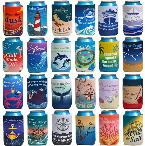Pop Nordic Cruise-Themed Can Coolers (24 Packs), Neoprene Insulated Nautical Drink Holders for 12-16oz Cans/Bottles, Non-Slip Party Favors for Ship Beach Vacation Gatherings & Cruiser Gifts