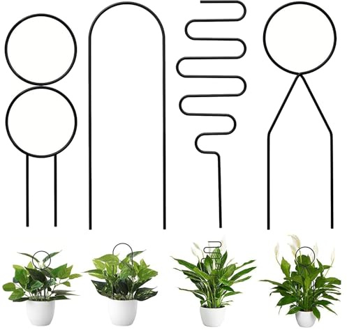 4 Stück Rankhilfe für Zimmerpflanzen, Garten Pflanzengitter für Kletterpflanzen, Pflanzenstützen für Topfpflanzen, Metall Rankgitter für Topfpflanzenstäbe, Schwarz