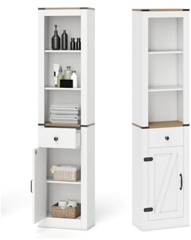 LIFEZEAL Badezimmerschrank Schmal, Hochschrank Vintage mit Schublade, Tür & 3 offenen Fächern, Badregal Badschrank Stehend für Badezimmer, Wohnzimmer, Küche, 40 x 24 x 173 cm