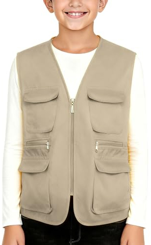 Boys Girls Fishing Vest Loose Zip Up V Neck Unisex Kids Sleeveless Jackets with Multi-Pockets for 5-13 Years