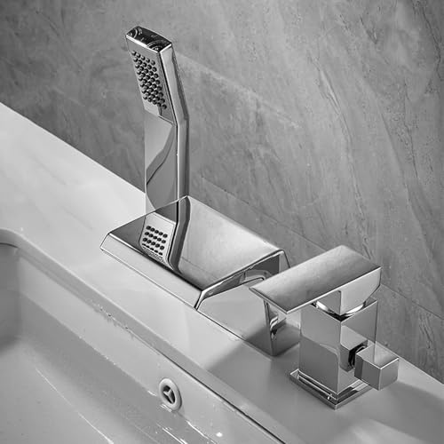 3 Fori Rubinetto Miscelatore Bordo Vasca da Bagno con Doccetta Cascata Miscelatore Bordo Vasca da Bagno Maniglia Singola Ottone-Cromato