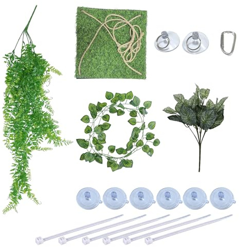 LANCARE Set 4 en 1 Terrarium Reptile, Hamac et Plantes avec Ventouses | matériau non toxique, ventouses sans outil, lianes flexibles, pour lézards geckos tortues