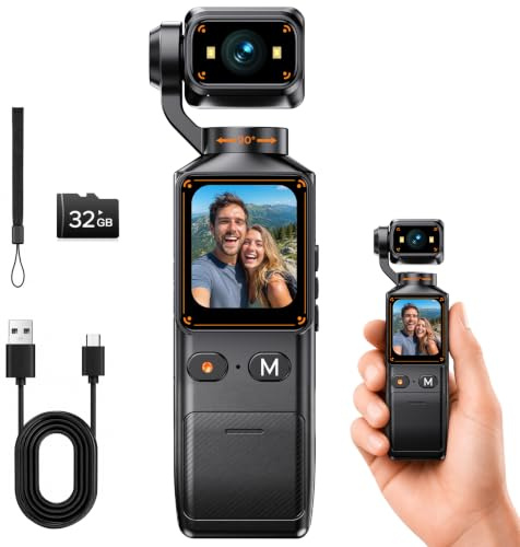 CAMWORLD 2K Vlog Kamera mit 360° drehbarem Objektiv, Mini Körperkamera Bodycam mit WLAN, 7H Akku, 32GB Karte, Pocket Action Cam 1,69 Zoll Tragbare POV-VideoKamera für Reisen, Outdoor, Sport
