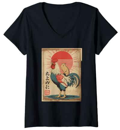Damen Rising Sun Ayo Gane Japanischer Hahnhamster T-Shirt mit V-Ausschnitt