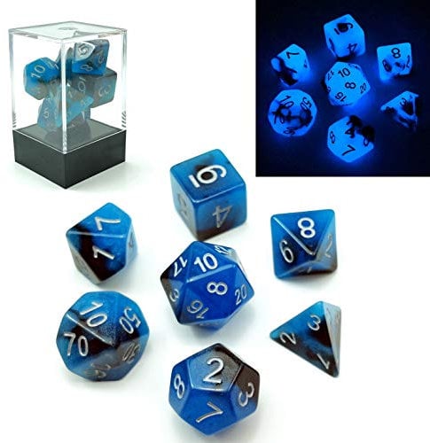 Bescon Polygonal Würfel Spielwürfel Gemini Two-Tone Leuchten D&D Dice Set Blue Dawn, Helle RPG - Rollenspiel Polyedrische Dice 7pcs Set d4 d6 d8 d10 d12 d20 d%, Brick Box Packaging