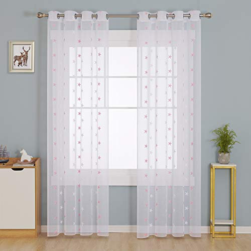 Deconovo Gardinen Leinenoptik Transparent Ösenvorhang Transparent Vorhangschals mit Stickerei Stern, 245x140 cm(HöhexBreite), Rosa, 2er Set