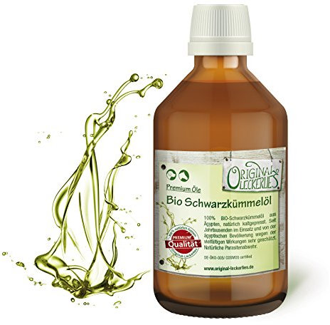 ORIGINAL LECKERLIES® Ägyptisches Schwarzkümmelöl 500 ml in brauner Apotheker-Glasflasche - biologischer Anbau 100% rein & kaltgepresst, Omega 3 und Omega 6, Naturprodukt für Hunde und Pferde