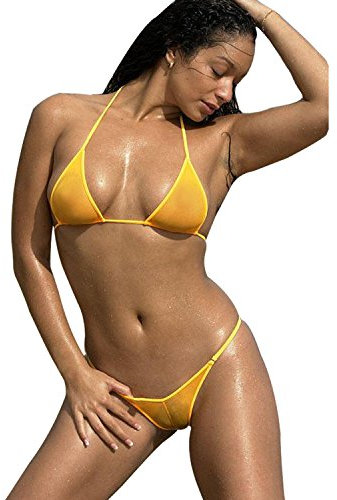 SHERRYLO Transparent Mesh Bikinis Set See-Through Swimsuit (Orange, S)