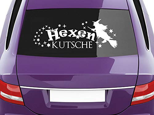 Geschenk zum Autokauf Hexenkutsche, Romantische Auto Aufkleber lustig, Aufkleber Heckscheibe für Frauen / 24x70cm / 010 weiss