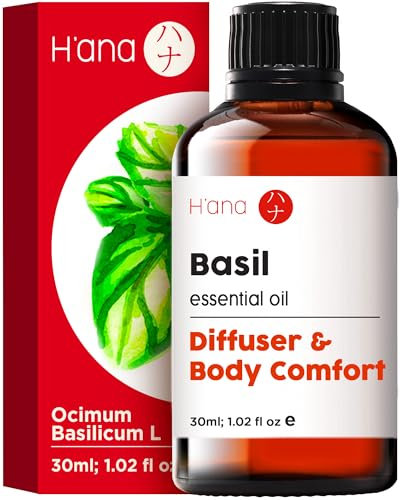 H’ana Ätherisches Basilikumöl für Diffuser – 100% reines und natürliches Basilikumöl in therapeutischer Qualität für Schmerzen, Haarwachstum, Nebenhöhlen, krautige und erfrischende Aromen (30 ml)
