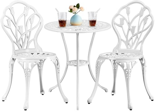 Yaheetech Conjunto de 1 Mesa y 2 Silla Exterior Mueble de Aluminio Blanco | 46mm Orificio, Asiento Ergonómico, Sillas 100kg y Mesa76 kg, Bandeja con Estantería Oculta, Ideal para Patio/Jardín tec