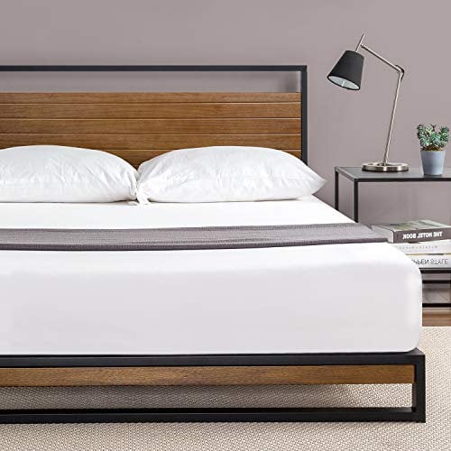 Zinus Suzanne Bett 150 x 190 cm - Höhe 18 cm - Bettrahmen aus Metall und Holz mit Kopfteil und Holzlattenhalter - Braun und Schwarz