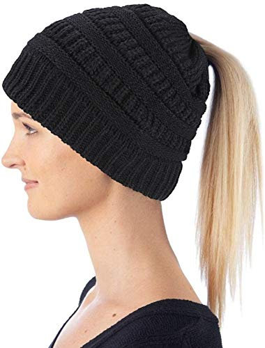 Hatstar Damen Beanie Mütze mit Zopfloch | Strickmütze für Pferdeschwanz | Ponytail Beanie gestrickte Mädchen Wintermütze | weich & warm (schwarz)
