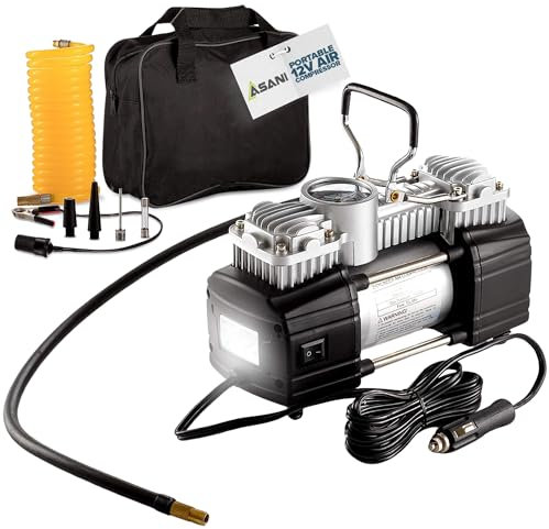 Asani Portable air Compressor for Car Tires, 12V DC Air Compressor tire inflator Pump, 150 PSI with Emergency LED Flashlight for Car, Motorcycles, Bicycles,Inflatables