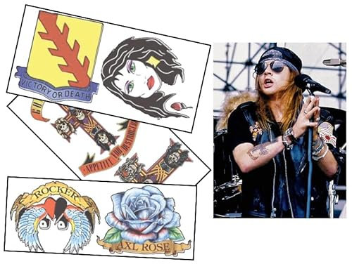Axl Rose Inspired Temporary Tattoos – Realistic Rock Star Tattoo Sheet – Fake Transfers for Fancy Dress, Halloween & Music Festivals