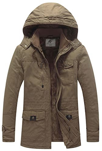 WenVen Homme Veste à Capuche en Coton Classique Veste Coupe-Vent Extérieure Parka d'hiver Veste Chaude Doublée en Polaire Manteau Décontracté Style Militaire Kaki XL