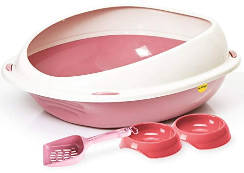 CAT CENTRE Large Pink Litter Tray Box Rim Loo 2 x Red 0.2L Bowls & Large Pink Litter Scoop Cat Kitten Bundle