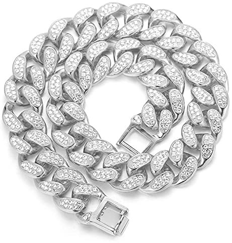 Kubanische Kette Herren Iced Out,20MM Herren Goldkette Miami Platin überzogen Weißgold Halsband Halskette 50cm,Volle Cz Diamant Schnitt Zinken-Set,Geschenk für Ihn