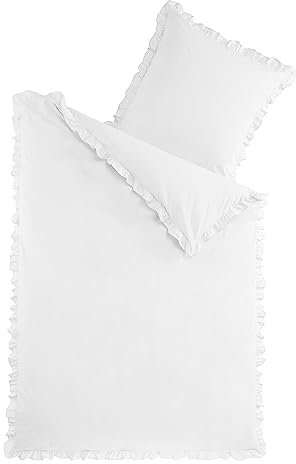 optidream 2-tlg. Bettwäsche Set Rüschen 135x200 mit Reißverschluss 100% Baumwolle Uni Weiss