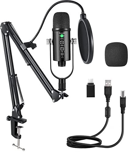 Aveek USB-Mikrofon, Kondensator-Aufnahme, Laptop, PC, Gaming- und Podcast-Mikrofon, Kit für Streaming-Aufnahmen mit Kopfhörer-Überwachung für MacOS, Windows und Typ-C-Handy