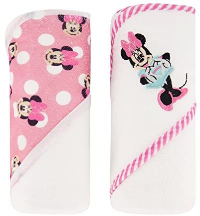 Disney Cudlie Baby Girl Minnie Mouse 2 Pack Rolled/Carded Hooded Towels in Happy Dots Print