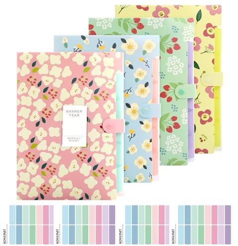 KONVINIT Dokumentenmappe a4,Fächermappe mit 6 Tasche Mappe mit fächern Floral/Blumen Document Folder Organizer Papier Organizer Herausnehmbar aesthetic Schulsachen,4 Stücke