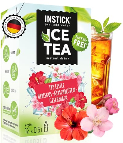 INSTICK Eistee Getränkepulver – Hibiskus & Kirschblüte 12 Sticks je 0,5–1L – Zuckerfreies Erfrischungsgetränk mit Vitamin C & Schwarztee-Extrakt – Für bis zu 12L Wasser mit Geschmack