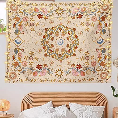 TTYQXZ Tapiz de pared bohemio – Tapiz floral para colgar en la pared, sol celestial, luna y estrella, tapiz hippie para decoración del hogar, bohemio para dormitorio estético (crema, mediano (50 x 60