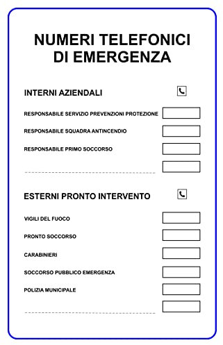 NEW CARTELLO SEGNALETICO - NUMERI TELEFONICI DI EMERGENZA - Adesivo Extra Resistente, Pannello in Forex, Pannello In Alluminio (Adesivo 20x31)