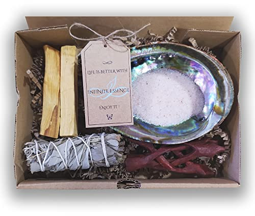 LAMARE Smudge - Kit de Limpieza - 1 Salvia Californiana - 2 Sticks Palo Santo Perú - Avulón Mexicano con Soporte - Sal del Himalaya - Kit Limpieza y Purificación.