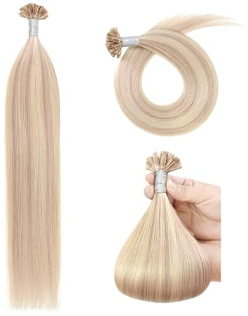 Extensiones de Queratina Pelo Natural Remy U Tip 50cm Cabello Humano Natural Queratina (50 g #P18/613 rubio ceniza Mix rubio blanqueador)