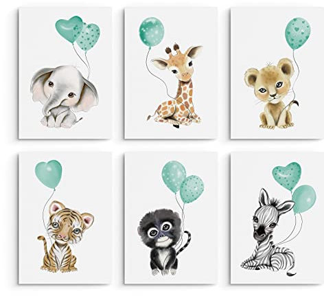 Hambient Poster Kinderzimmer - Bilder Babyzimmer Deko, Junge, Mädchen - Wandbilder, Kinderposter, Dekoration - 6er Bild Set (21 x 30 cm - Ohne Rahmen, Tiere Afrika Unisex)