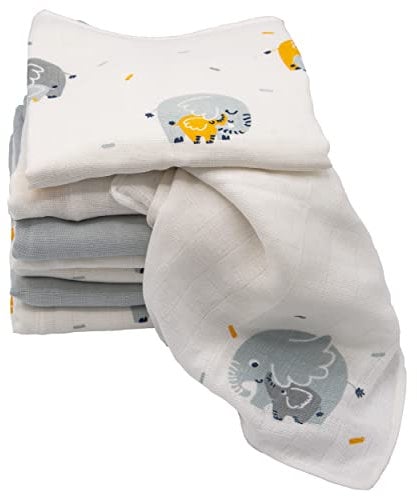 Clevere Kids Mulltücher | Erstlingsausstattung | Elefant mit Baby | Klassische Mulltücher | Puckdecke | Sabbertuch | OEKOTEX (01 Minis 40x40cm 8er Pack)