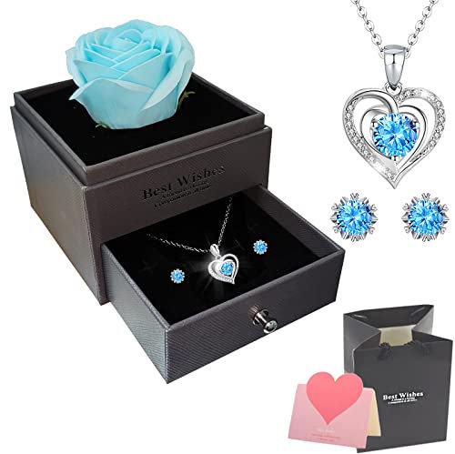 NEWUPZSI Scatola Regalo Fatta a Mano con Rose conservate, Orecchini Collana in Argento 925, Regali San Valentino per lei - Rosa Eterna per Festa della Mamma/Anniversario/Compleanno per Donne