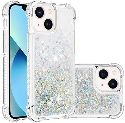 IMEIKONST Compatible with iPhone 13 Glitter Case, Liquid Sparkle Quicksand Clear Transparent Sequin Slim Girls Soft TPU Bumper Silicone Shockproof Cover for iPhone 13. Love Silver YBW