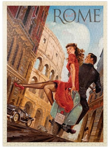 MyPuzzle Italy: Rome by Vespa, Vintage Poster - Premium 1000 Piece Jigsaw Puzzle for Adults