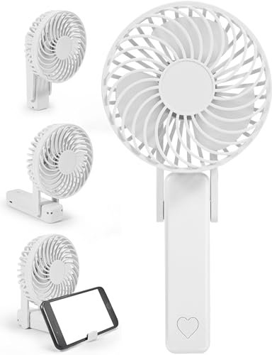 Handheld Fan Portable, Usb Rechargeable Hand Held Fan Long Last 12h Working, Mini Hand Fan Silent, Small Desk Fan Folding, Battery Operated Fans, Electric Travel Fan with Phone Stand White