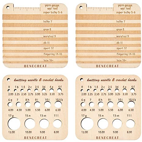 BENECREAT 4pc Wood Knitting Gauge Rulers, 2 Style Square Knitting Tool Crochet Hook and Needle Gauge, 6.35x6.35x0.5cm