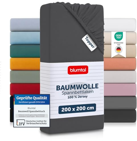 Blumtal® Basics Spannbettlaken Topper 200x200x15cm Jersey im 2er Set - Bettlaken aus 100% Baumwolle - Oeko-TEX zertifiziertes Spannbetttuch 200x200 - Anthrazit