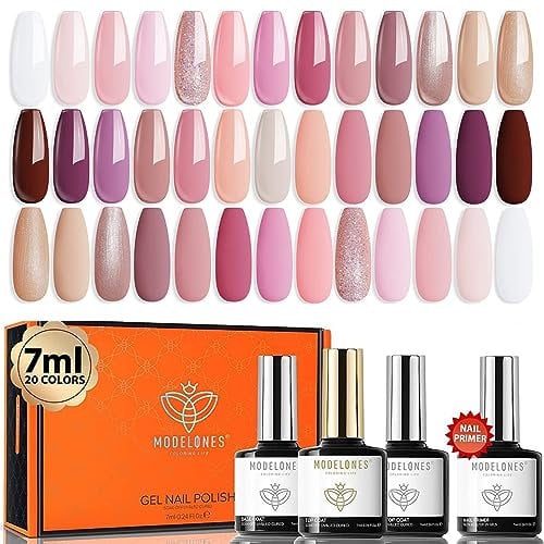 Modelones 24 Pcs Gel Nail Polish Set, Pink Gel Polish Set Nude Glitter Gel Nail Polish Set with Bond Primer Glossy & Matte Top Base Coat Nail Art Manicure DIY Saon Home Gifts