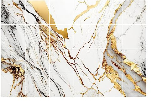 GRAZDesign Fliesenaufkleber Bad & Küche | 15x15cm - 24 Stück | Marmor mit Goldadern in weiß wasserfeste & selbstklebende Klebefliesen | Fliesenfolie 90x60cm