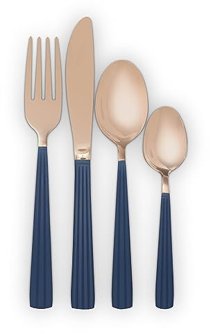 Tower T859015MNB Cavaletto Stainless Steel 16 Piece Cutlery Set, Midnight Blue & Rose Gold