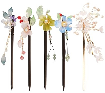 Asiatisches Haarnadel Set mit Blumen Deko für Damen | 5 Stk. Haarstäbe aus Holz & Metall | japainischer Haarschmuck | 18cm