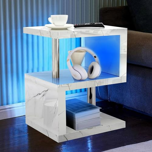 High Gloss Coffee Table Small Side Table with LED RGB Lights Coffee Table for Living Room 2 Tier Storage Shelves S Shape Rectangle Table with Home Office Furniture 44L x 38W x 57H cm