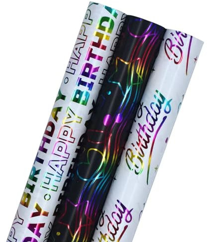 Lot de 3 rouleaux de papier cadeau métallique brillant de 43 cm x 3 m, parfait pour anniversaire, mariage, fête prénatale, festival (multicolore)