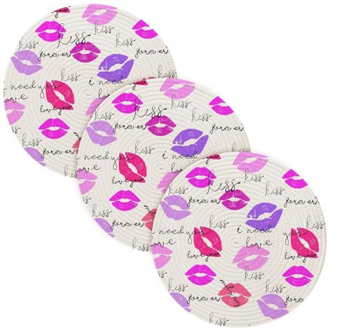 3 Pcs Extra Large Trivet for Hot Pots and Pans 15in Valentines Hot Lips Kisses Pink Purple Cotton Thread Weave Heat Resistant Pad Holder for Cooking Pot Kitchen Countertop Protector