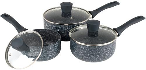 Russell Hobbs RH00847EU7 Nightfall Stone 3 Piece Saucepan Set - 16/18/20cm Non-Stick Saucepans with Tempered Glass Lids Induction Safe Forged Aluminium