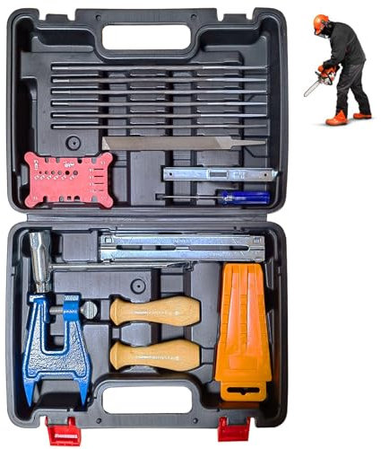 YEFA Kettensägen-Kettenschärf-Set mit Hartschalenkoffer – enthält T-Schraubenschlüssel, Klingenfeilführung, Griffe, Tiefenmesser, Stump-Schraubstock, Fällkeil, Schraubendreher und mehr Zubehör
