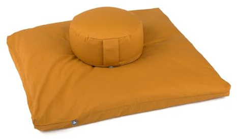 Bodhi Meditations-Set | ECO Serie | Meditationsmatte (Zabuton) & Rondo Meditationskissen | Mit Bio-Dinkelfüllung | Bezug aus 100% Bio-Baumwolle | Meditationsunterlage & Kissen (Honig-gelb)